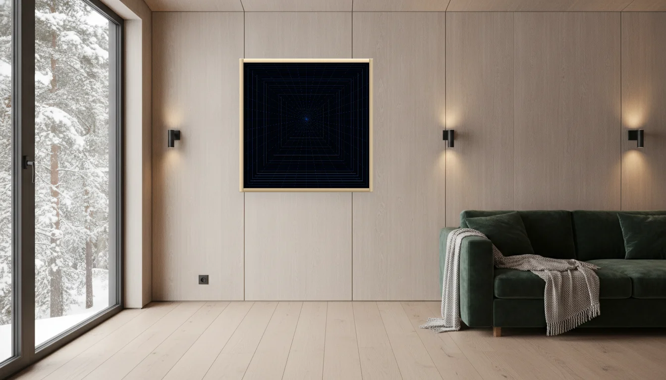A Lumen & Logic artwork hanging in a Nordic hotel interior — Forest lodge · Lapland