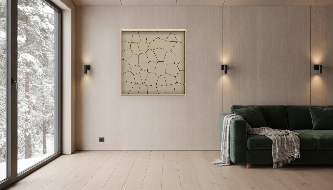 A Lumen & Logic artwork hanging in a Nordic hotel interior — Forest lodge · Lapland