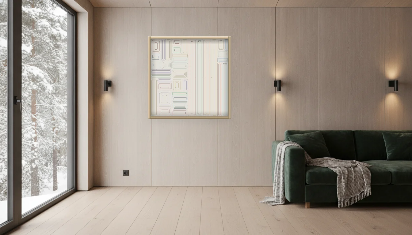 A Lumen & Logic artwork hanging in a Nordic hotel interior — Forest lodge · Lapland