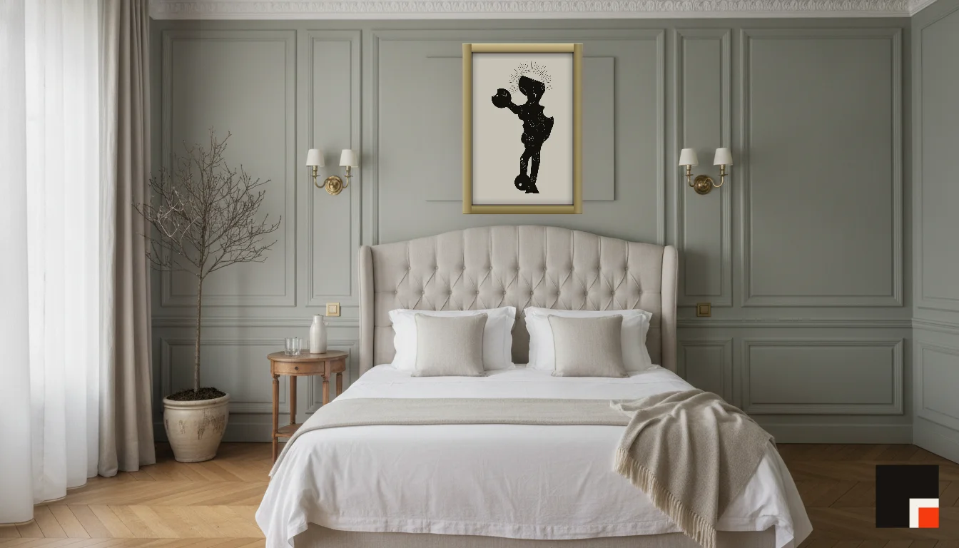 A Lumen & Logic artwork hanging in a Parisian hotel interior — Boiserie bedroom · Paris