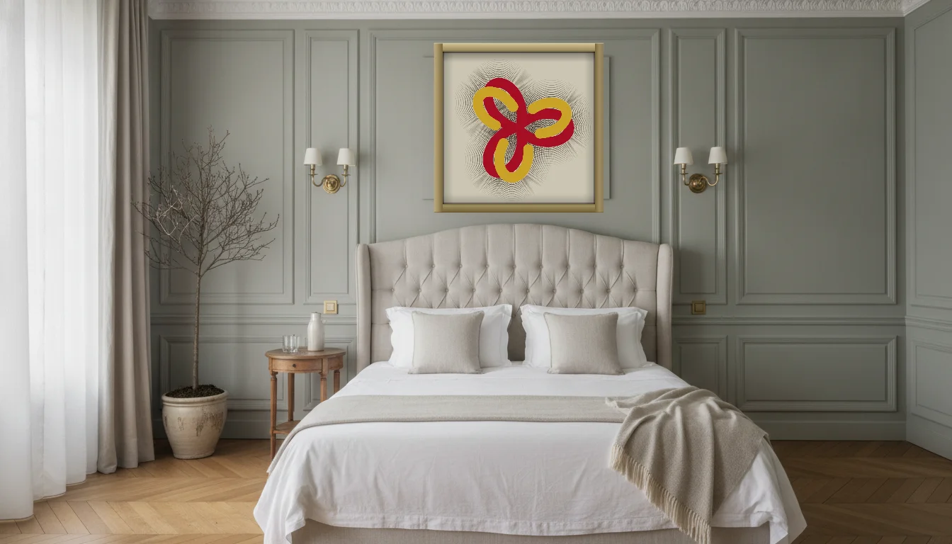 A Lumen & Logic artwork hanging in a Parisian hotel interior — Boiserie bedroom · Paris