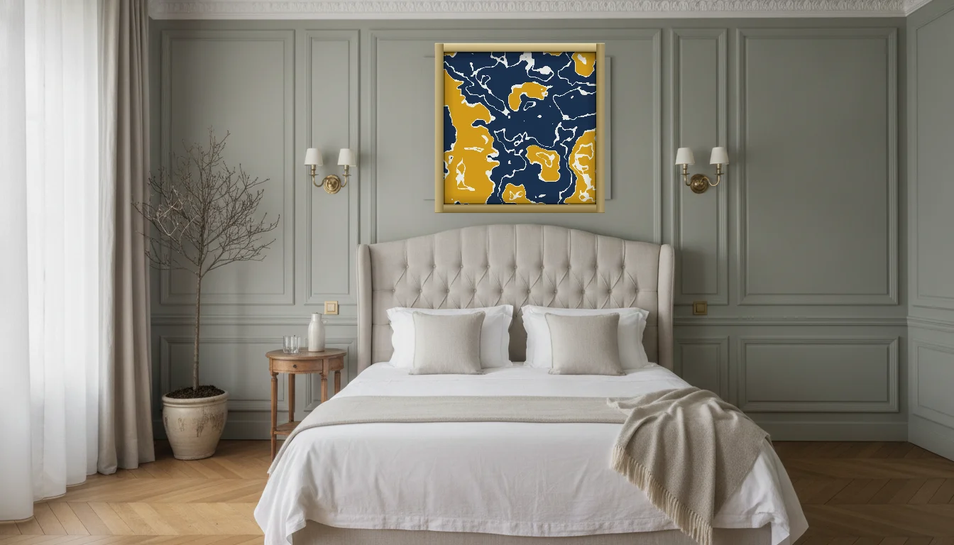 A Lumen & Logic artwork hanging in a Parisian hotel interior — Boiserie bedroom · Paris
