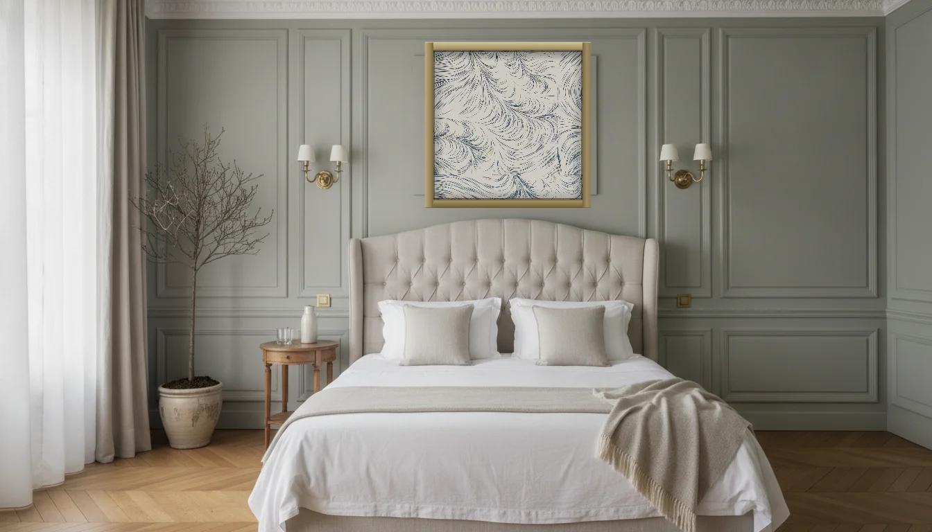 A Lumen & Logic artwork hanging in a Parisian hotel interior — Boiserie bedroom · Paris