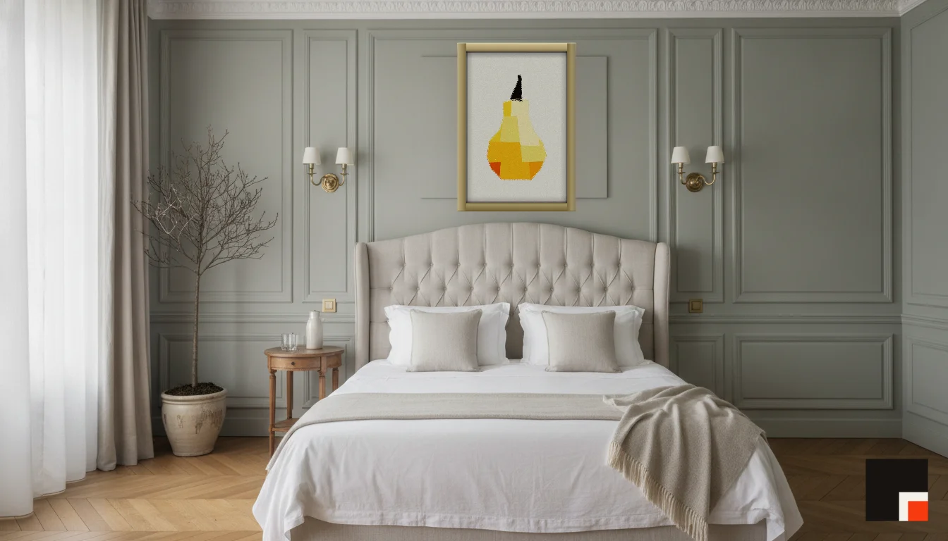 A Lumen & Logic artwork hanging in a Parisian hotel interior — Boiserie bedroom · Paris