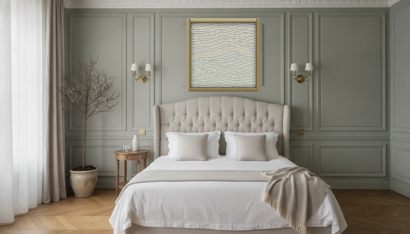 A Lumen & Logic artwork hanging in a Parisian hotel interior — Boiserie bedroom · Paris