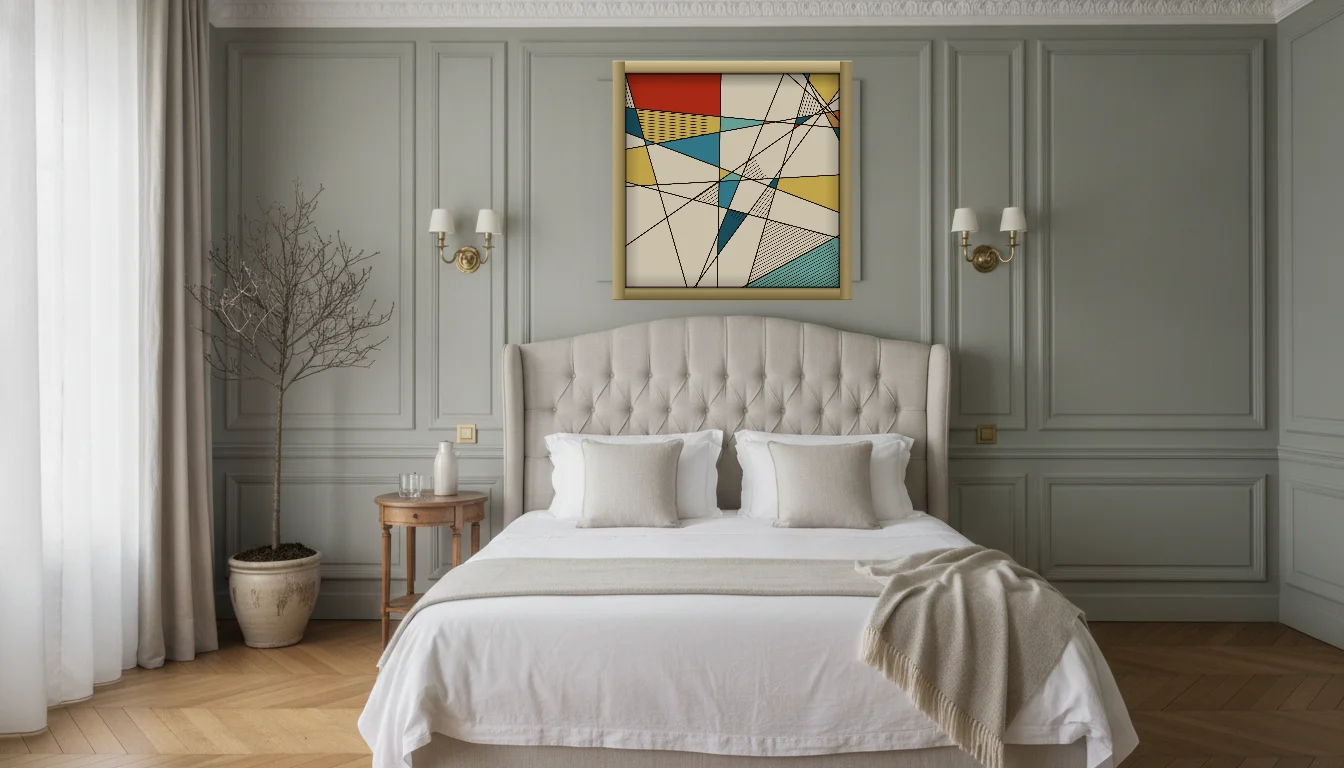 A Lumen & Logic artwork hanging in a Parisian hotel interior — Boiserie bedroom · Paris