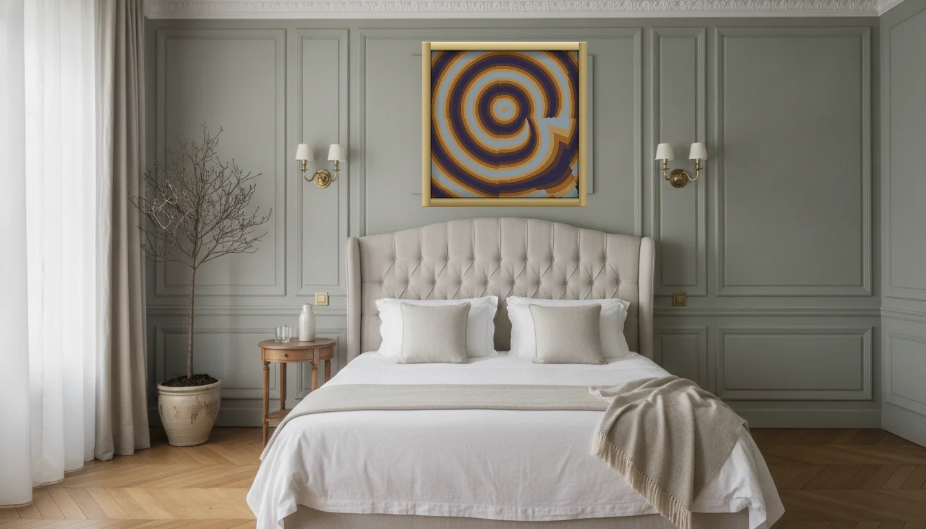 A Lumen & Logic artwork hanging in a Parisian hotel interior — Boiserie bedroom · Paris