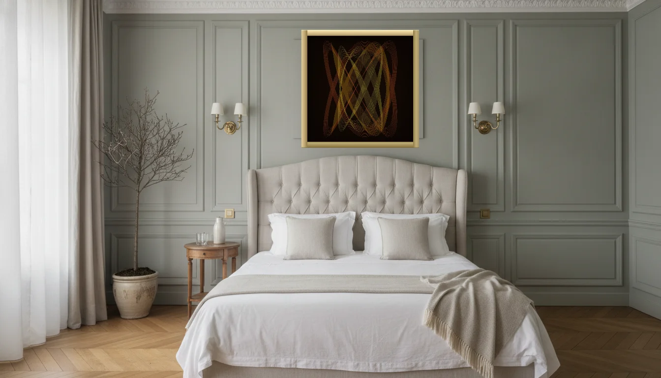 A Lumen & Logic artwork hanging in a Parisian hotel interior — Boiserie bedroom · Paris