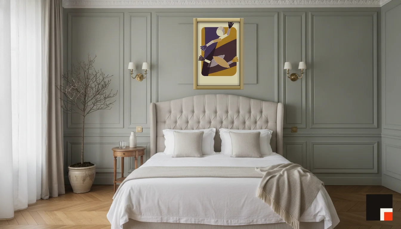A Lumen & Logic artwork hanging in a Parisian hotel interior — Boiserie bedroom · Paris