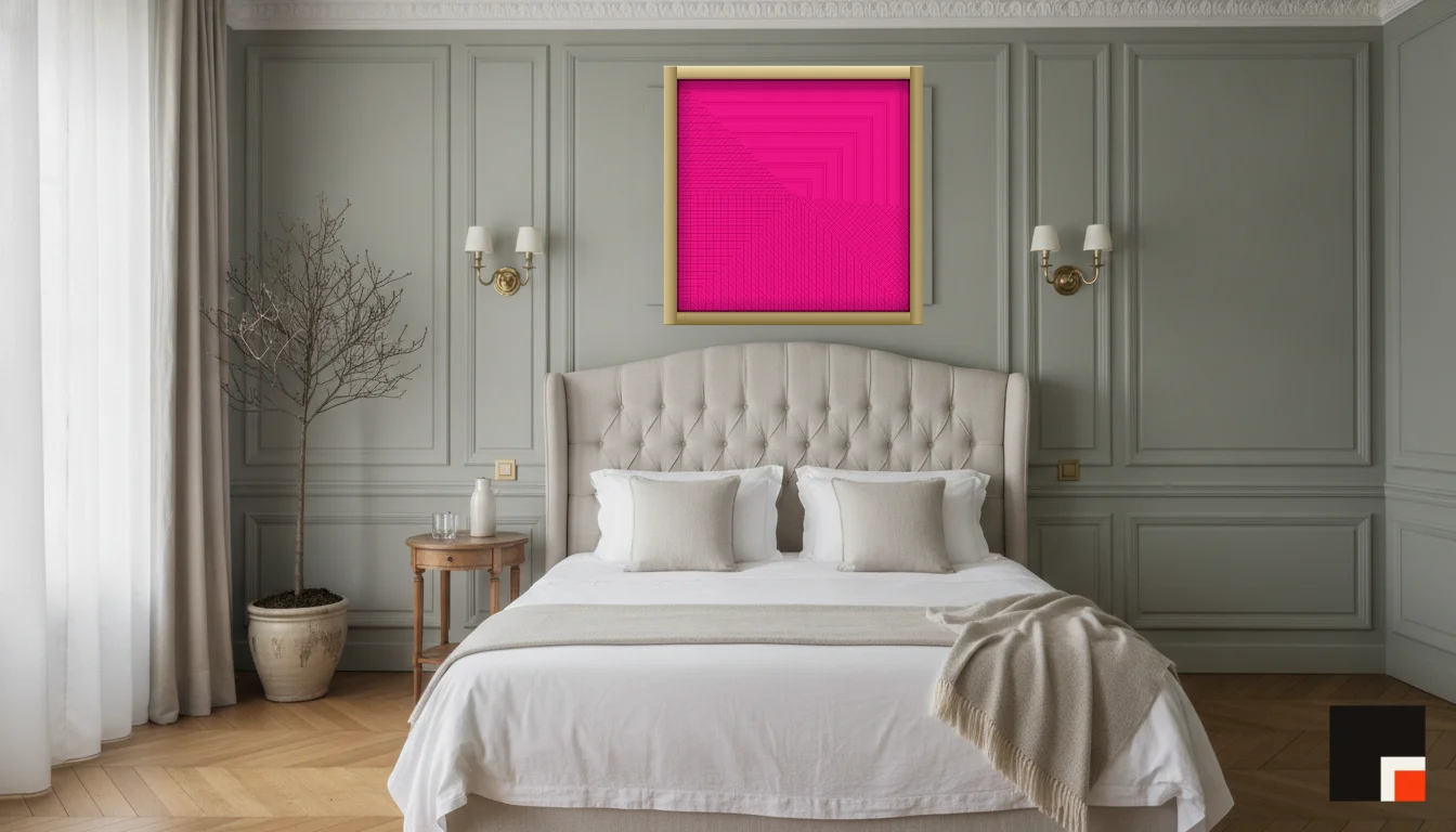 A Lumen & Logic artwork hanging in a Parisian hotel interior — Boiserie bedroom · Paris