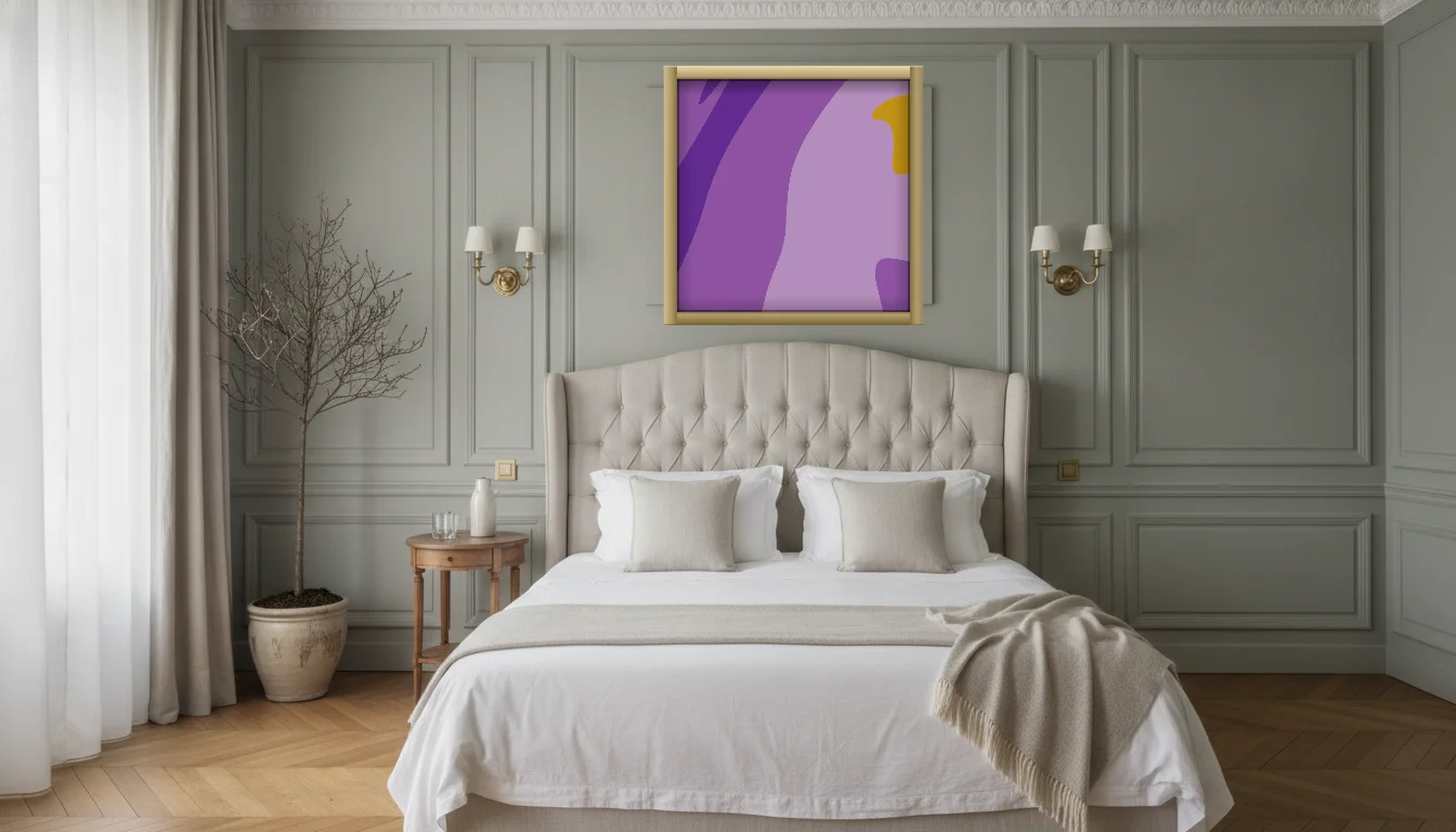 A Lumen & Logic artwork hanging in a Parisian hotel interior — Boiserie bedroom · Paris