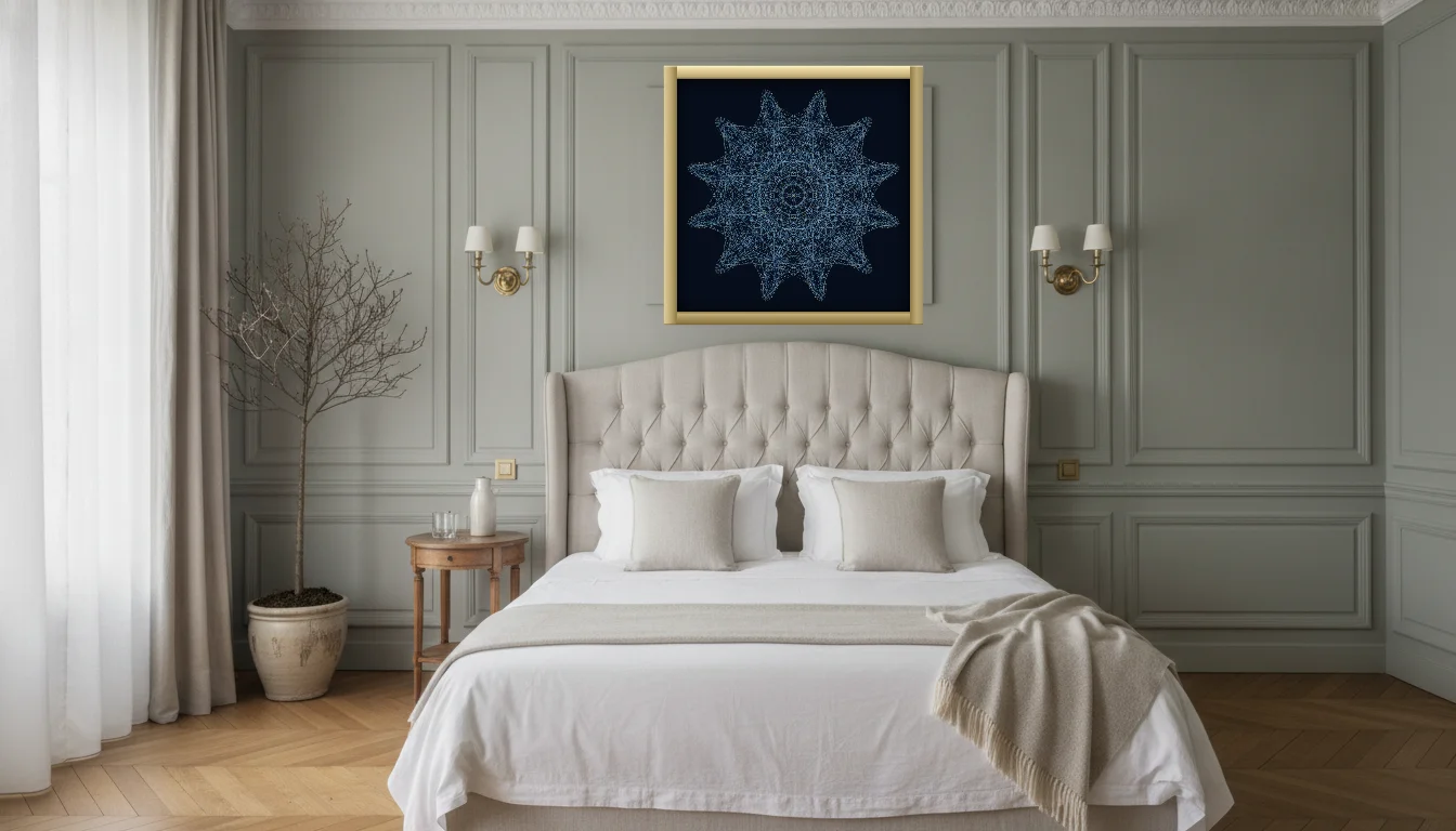 A Lumen & Logic artwork hanging in a Parisian hotel interior — Boiserie bedroom · Paris