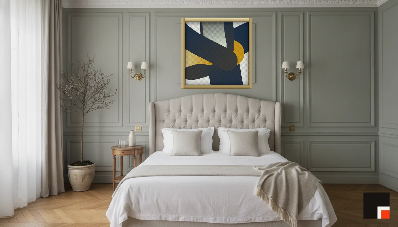 A Lumen & Logic artwork hanging in a Parisian hotel interior — Boiserie bedroom · Paris