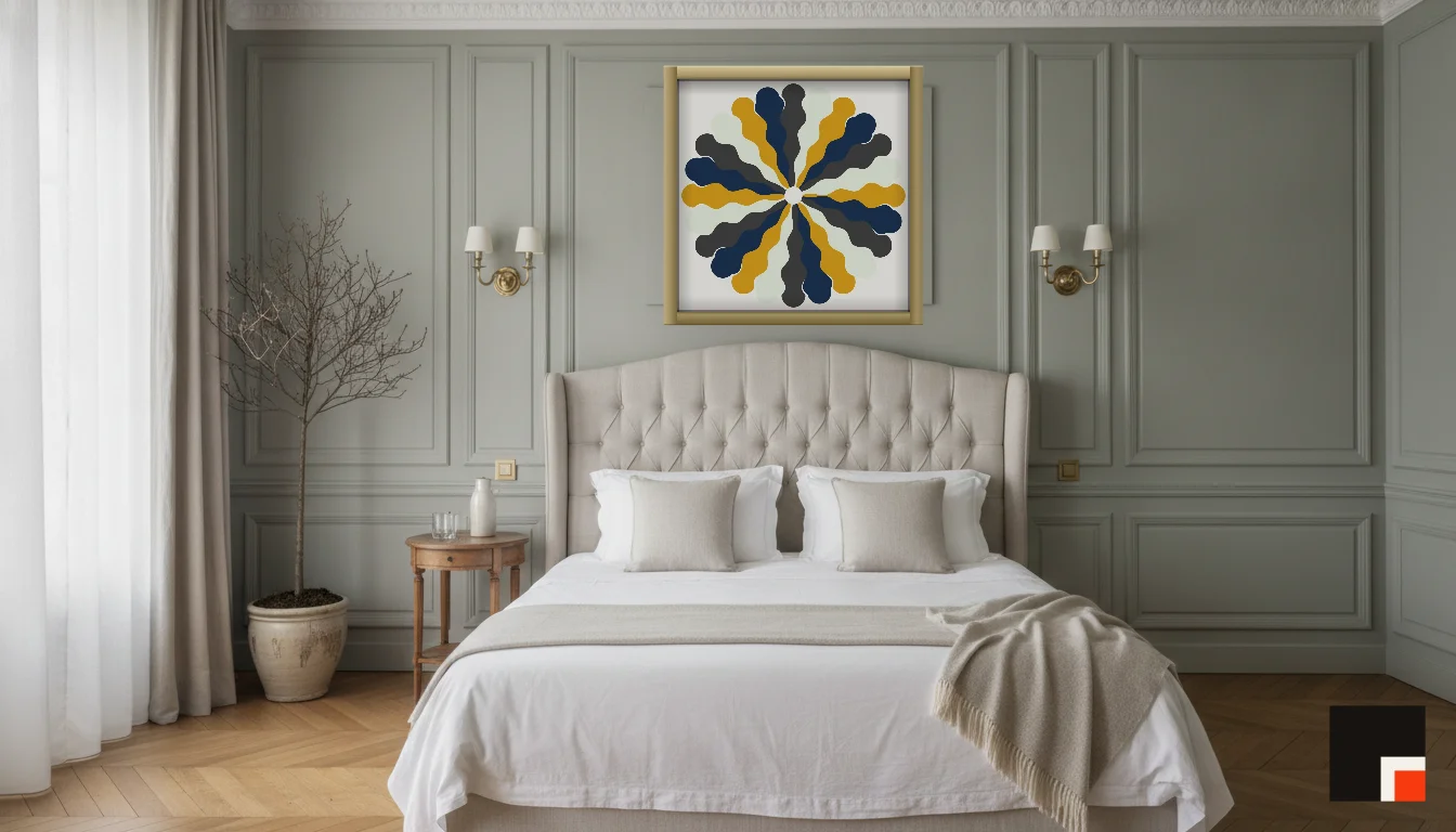 A Lumen & Logic artwork hanging in a Parisian hotel interior — Boiserie bedroom · Paris