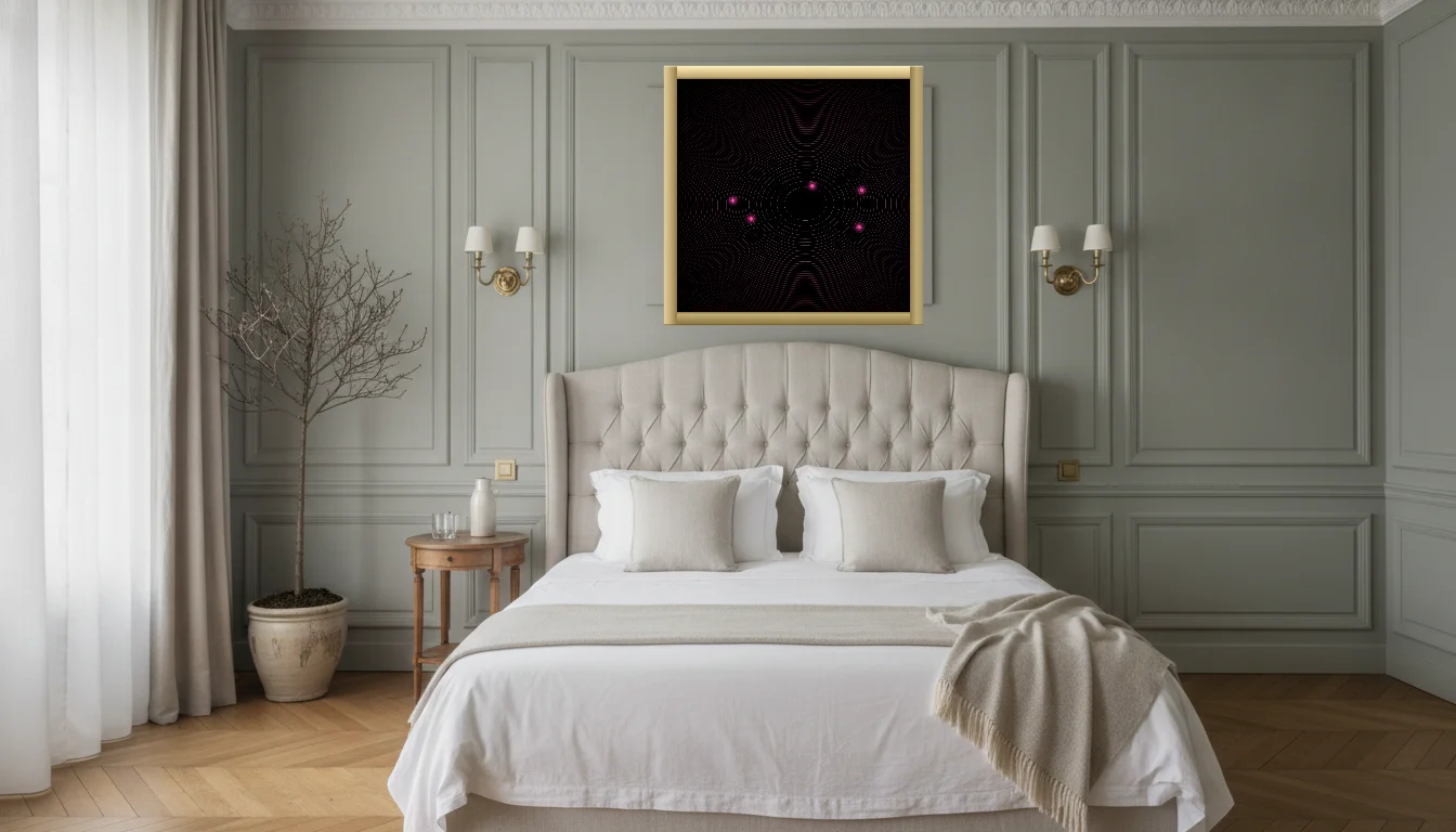 A Lumen & Logic artwork hanging in a Parisian hotel interior — Boiserie bedroom · Paris