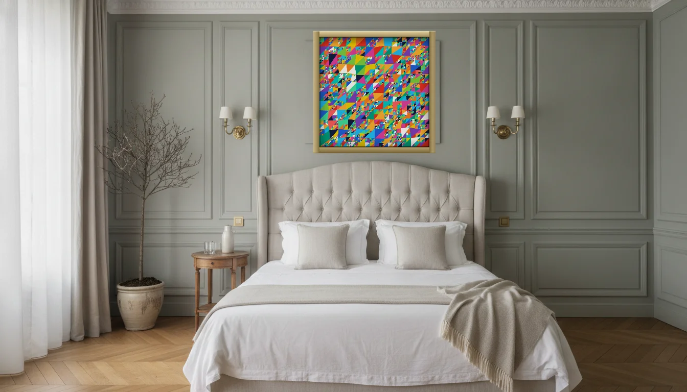 A Lumen & Logic artwork hanging in a Parisian hotel interior — Boiserie bedroom · Paris
