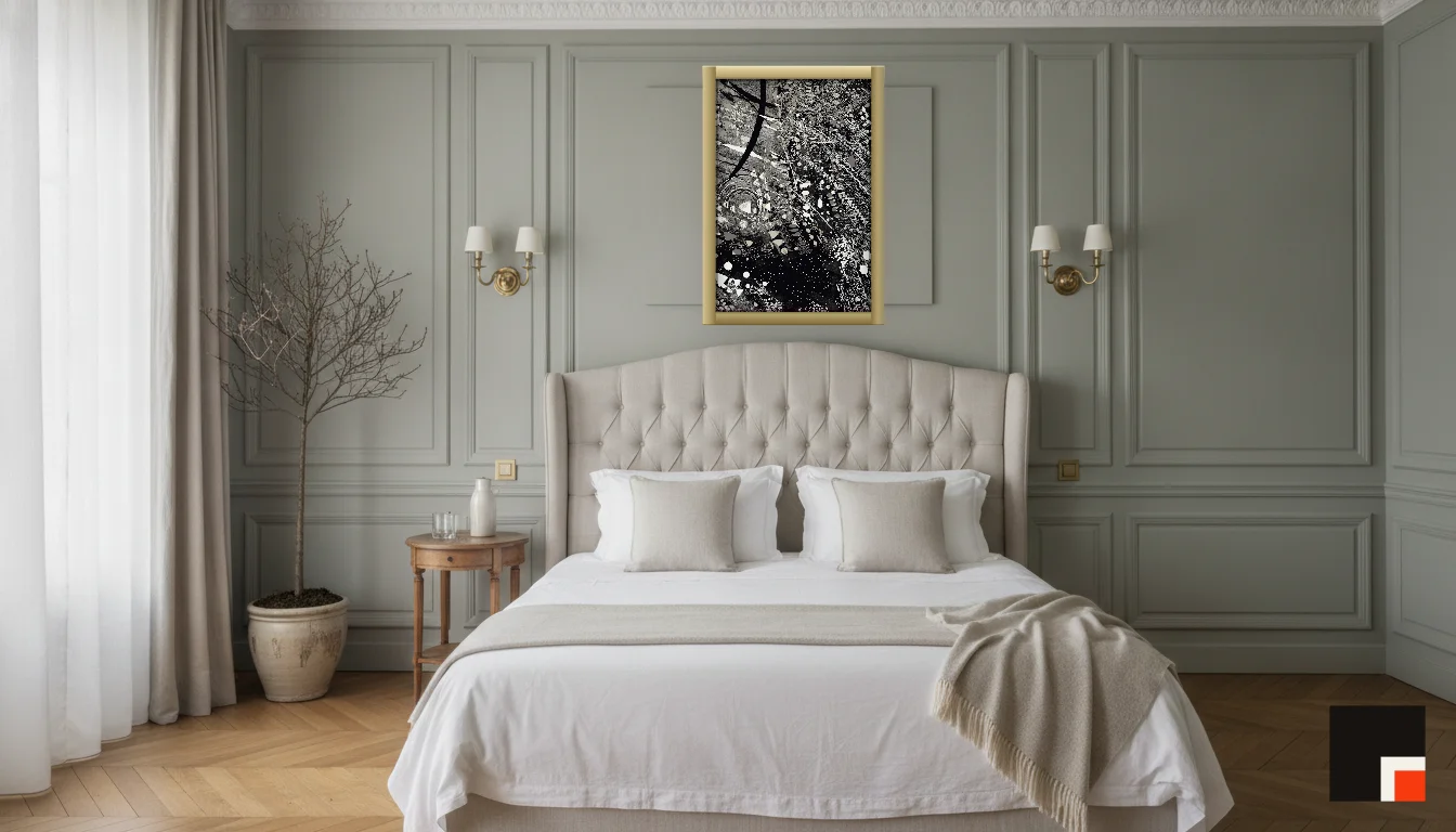 A Lumen & Logic artwork hanging in a Parisian hotel interior — Boiserie bedroom · Paris