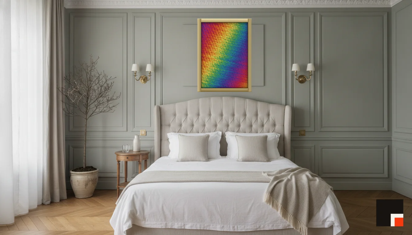 A Lumen & Logic artwork hanging in a Parisian hotel interior — Boiserie bedroom · Paris