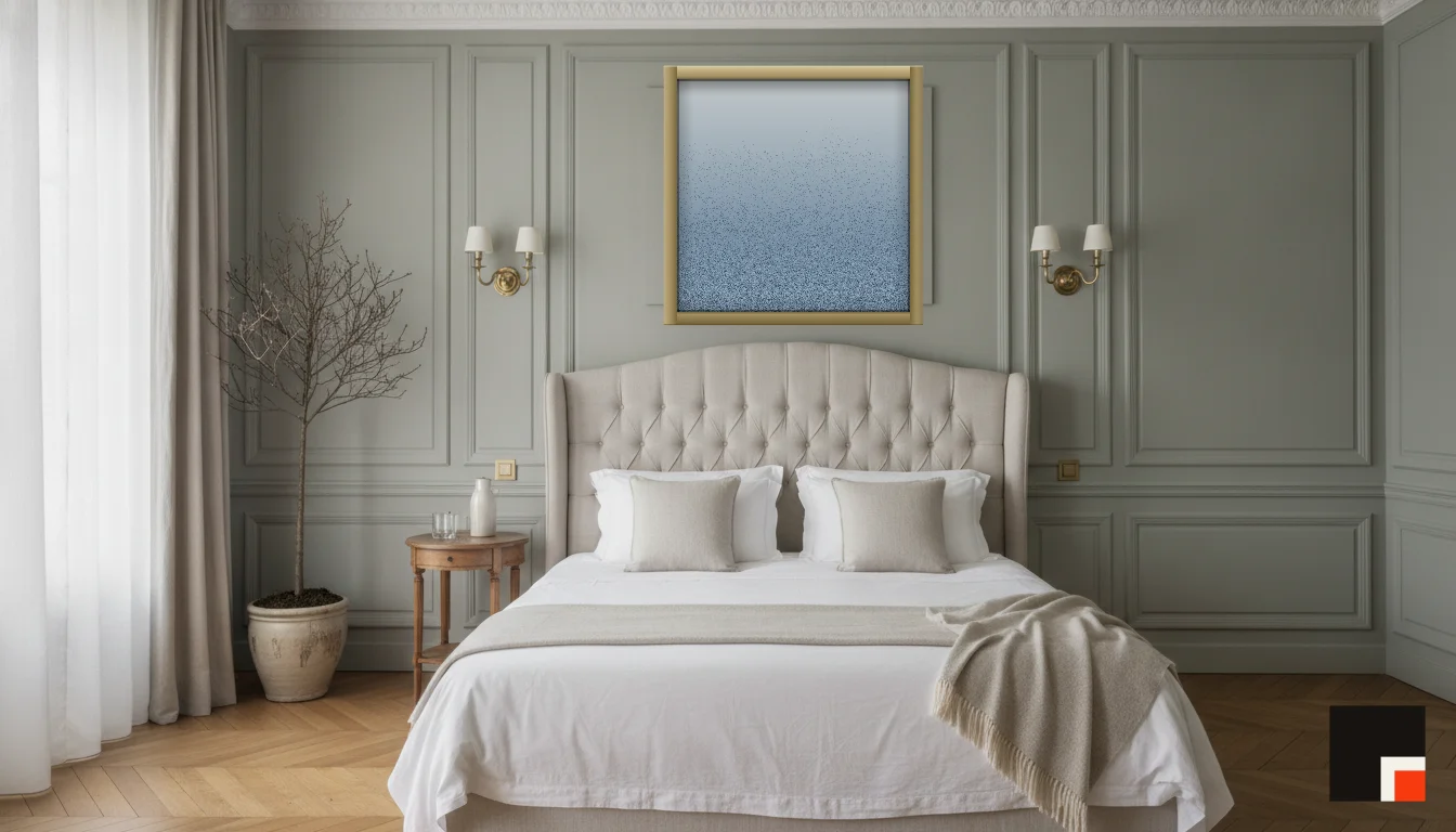 A Lumen & Logic artwork hanging in a Parisian hotel interior — Boiserie bedroom · Paris