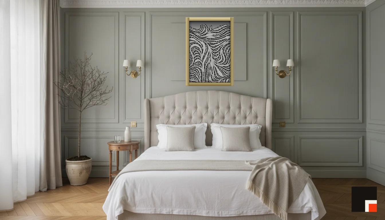 A Lumen & Logic artwork hanging in a Parisian hotel interior — Boiserie bedroom · Paris