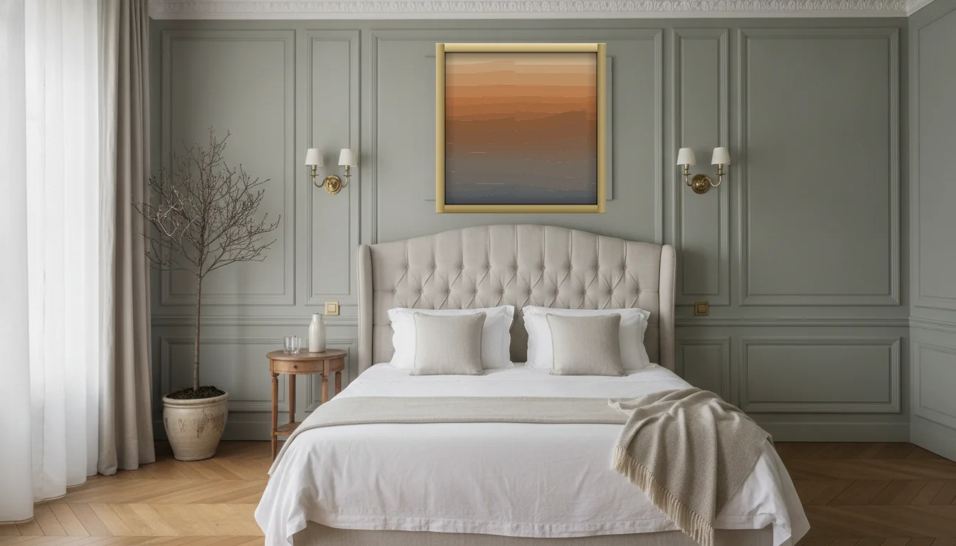 A Lumen & Logic artwork hanging in a Parisian hotel interior — Boiserie bedroom · Paris