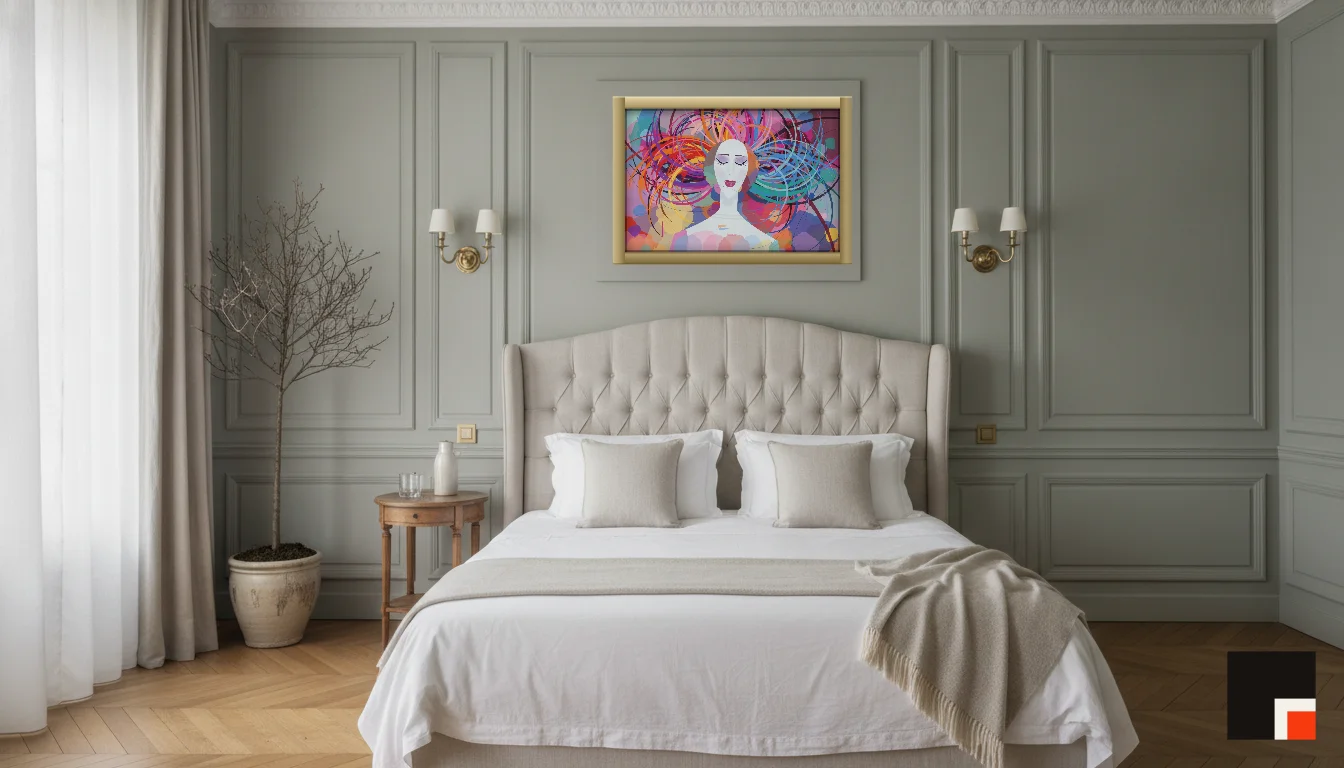 A Lumen & Logic artwork hanging in a Parisian hotel interior — Boiserie bedroom · Paris