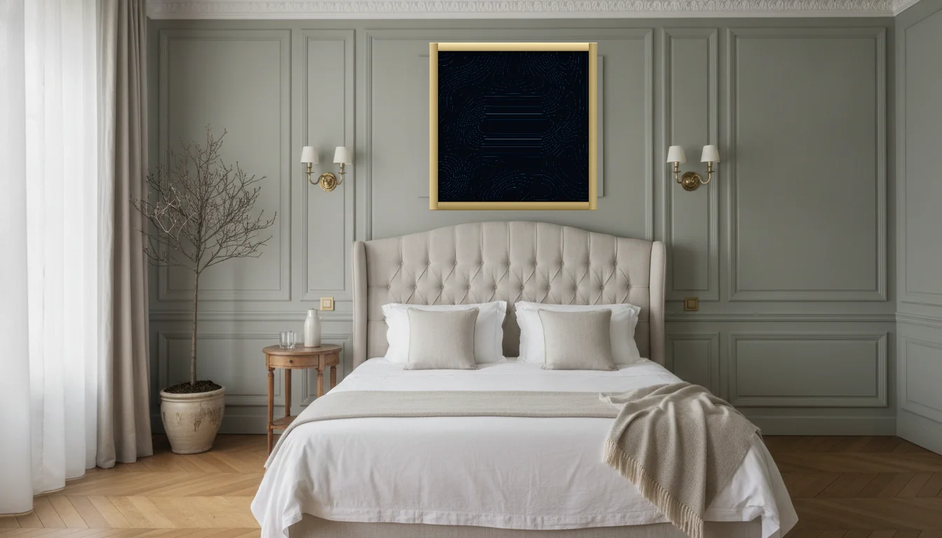 A Lumen & Logic artwork hanging in a Parisian hotel interior — Boiserie bedroom · Paris