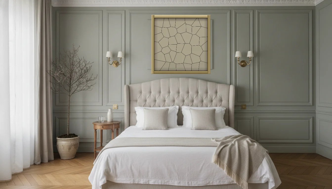 A Lumen & Logic artwork hanging in a Parisian hotel interior — Boiserie bedroom · Paris