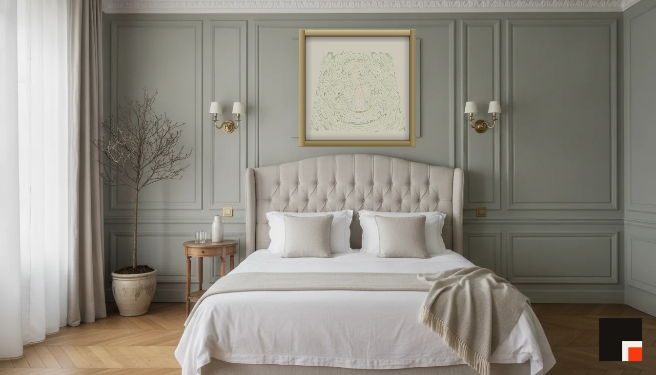 A Lumen & Logic artwork hanging in a Parisian hotel interior — Boiserie bedroom · Paris