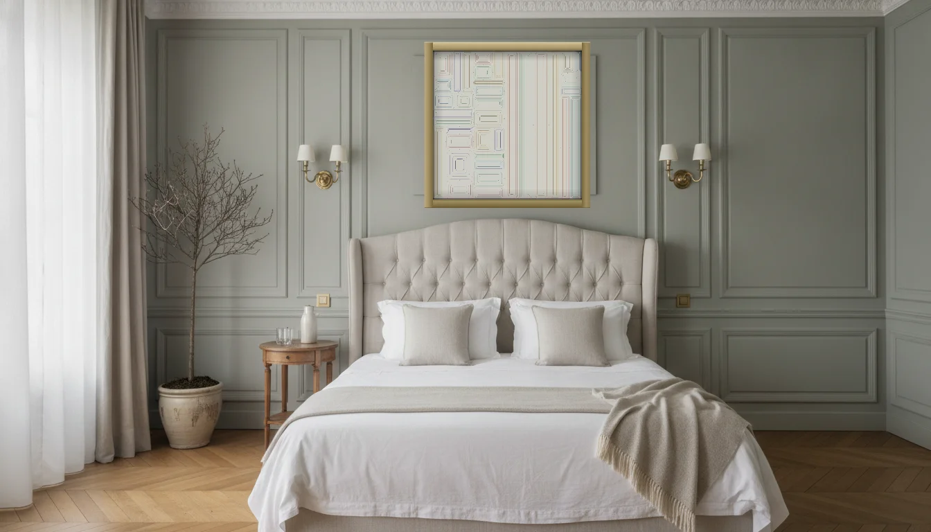 A Lumen & Logic artwork hanging in a Parisian hotel interior — Boiserie bedroom · Paris