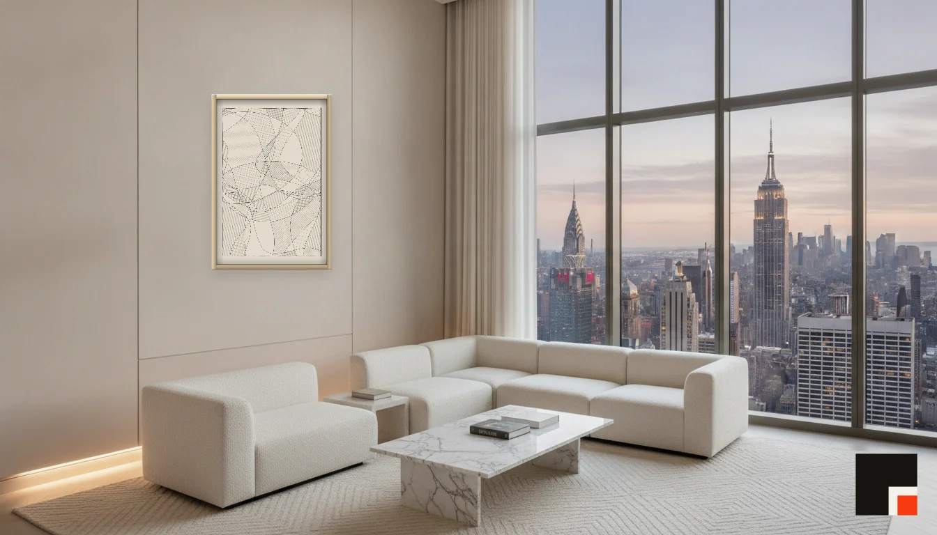 A Lumen & Logic artwork hanging in a Penthouse hotel interior — Penthouse lounge · New York