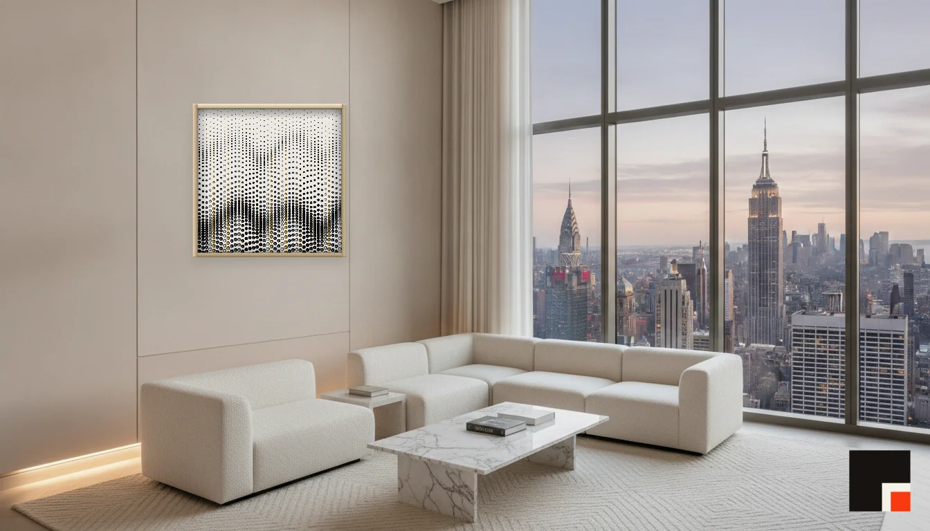 A Lumen & Logic artwork hanging in a Penthouse hotel interior — Penthouse lounge · New York