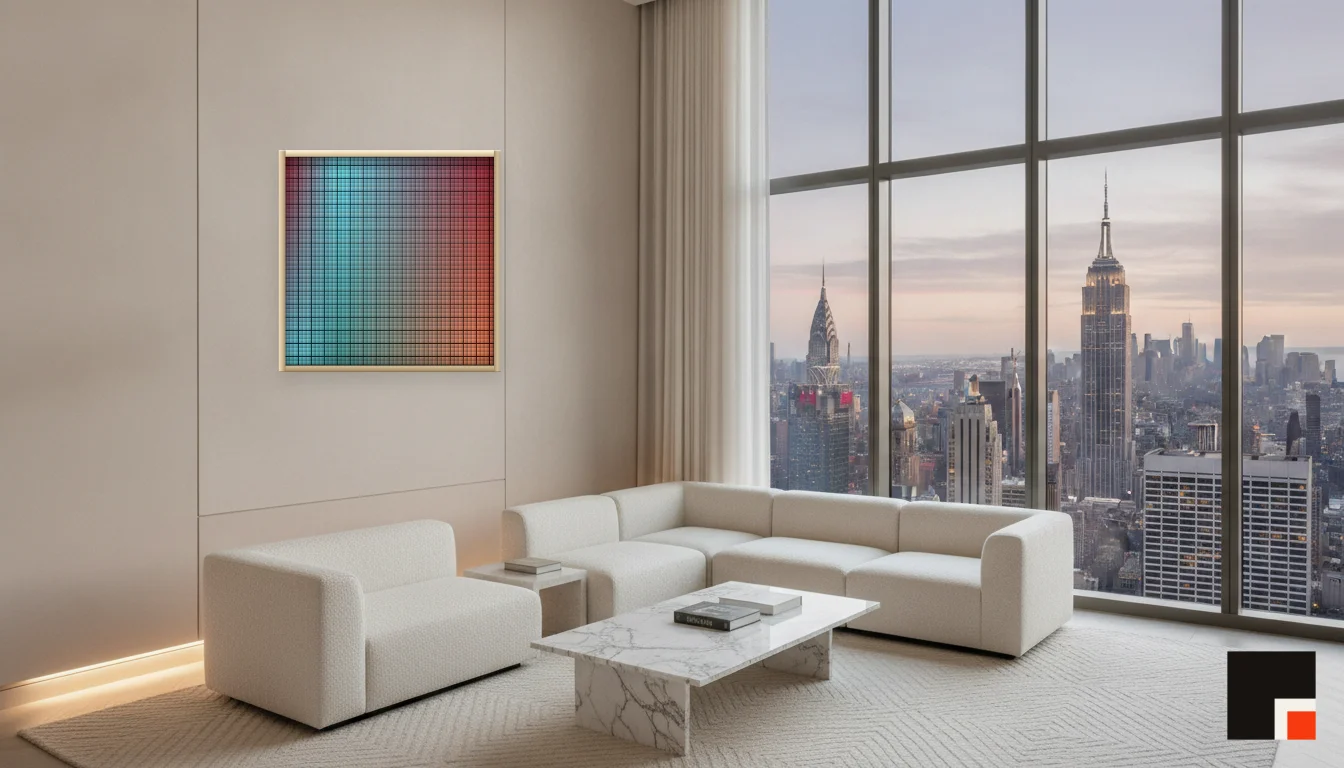 A Lumen & Logic artwork hanging in a Penthouse hotel interior — Penthouse lounge · New York