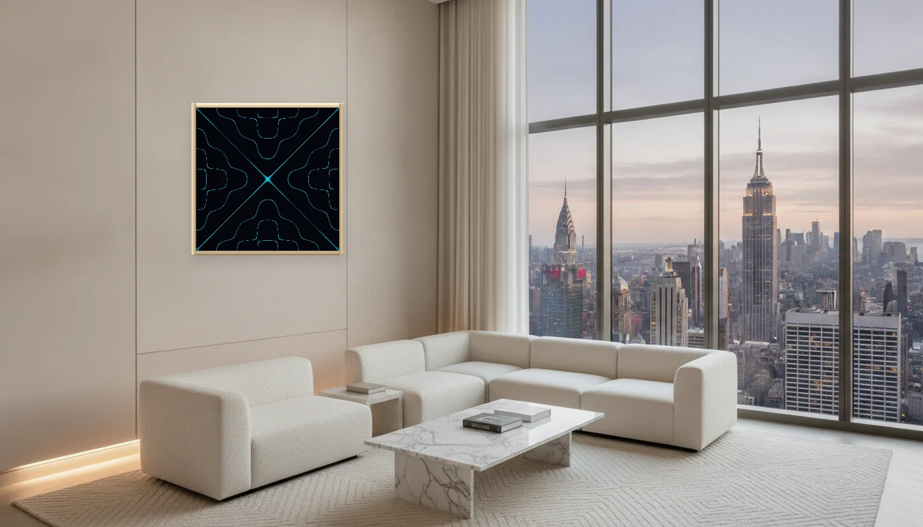A Lumen & Logic artwork hanging in a Penthouse hotel interior — Penthouse lounge · New York