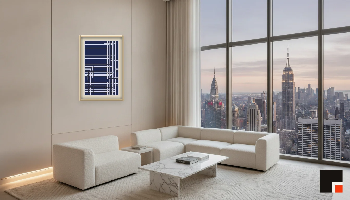 A Lumen & Logic artwork hanging in a Penthouse hotel interior — Penthouse lounge · New York