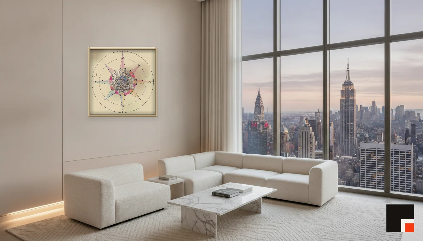 A Lumen & Logic artwork hanging in a Penthouse hotel interior — Penthouse lounge · New York