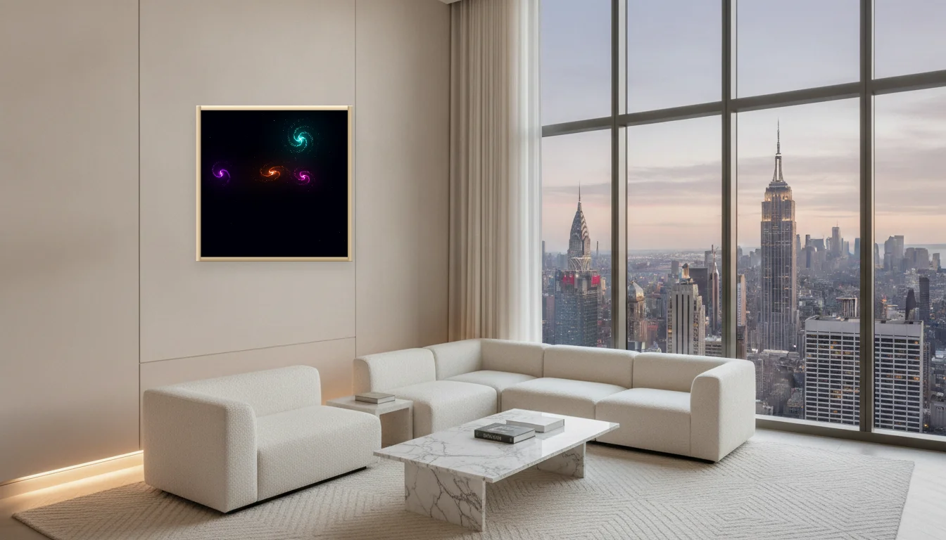 A Lumen & Logic artwork hanging in a Penthouse hotel interior — Penthouse lounge · New York