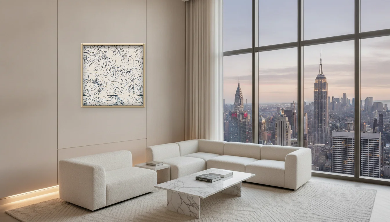 A Lumen & Logic artwork hanging in a Penthouse hotel interior — Penthouse lounge · New York