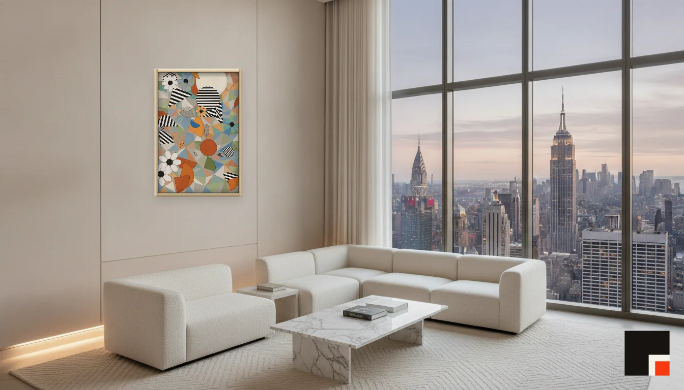 A Lumen & Logic artwork hanging in a Penthouse hotel interior — Penthouse lounge · New York