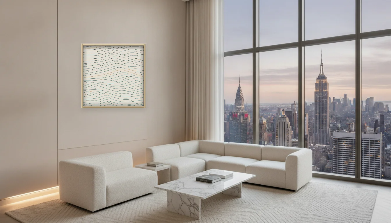 A Lumen & Logic artwork hanging in a Penthouse hotel interior — Penthouse lounge · New York