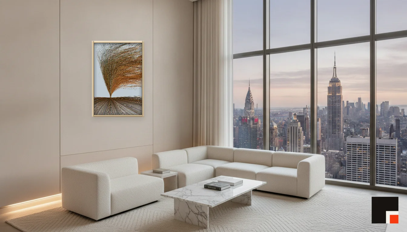 A Lumen & Logic artwork hanging in a Penthouse hotel interior — Penthouse lounge · New York