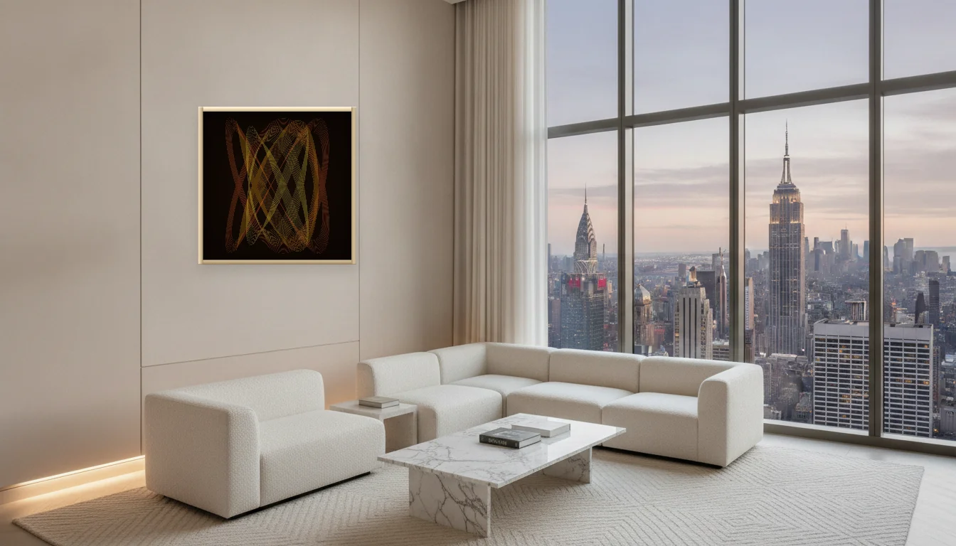 A Lumen & Logic artwork hanging in a Penthouse hotel interior — Penthouse lounge · New York