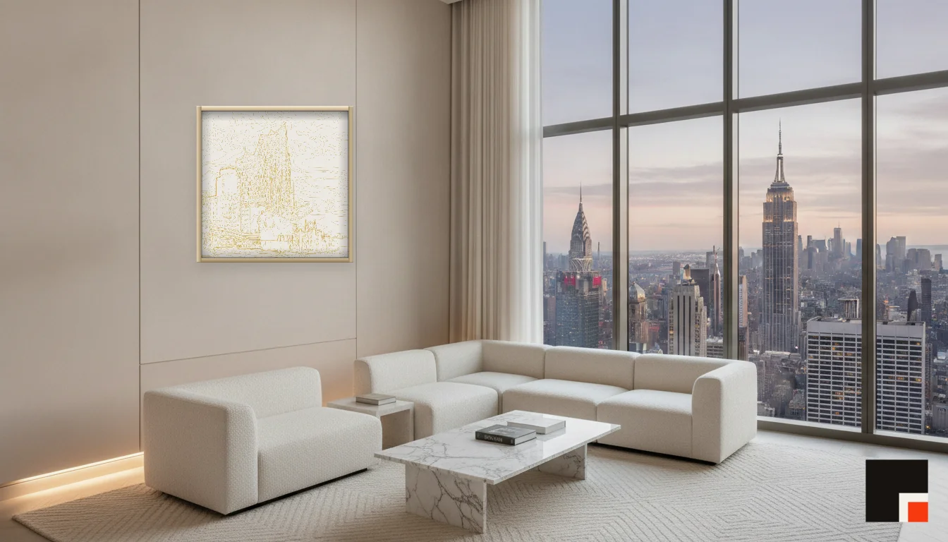 A Lumen & Logic artwork hanging in a Penthouse hotel interior — Penthouse lounge · New York