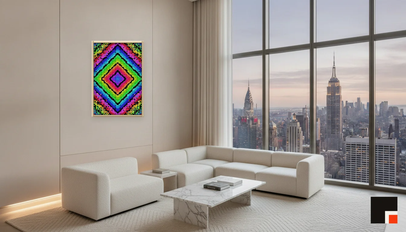 A Lumen & Logic artwork hanging in a Penthouse hotel interior — Penthouse lounge · New York
