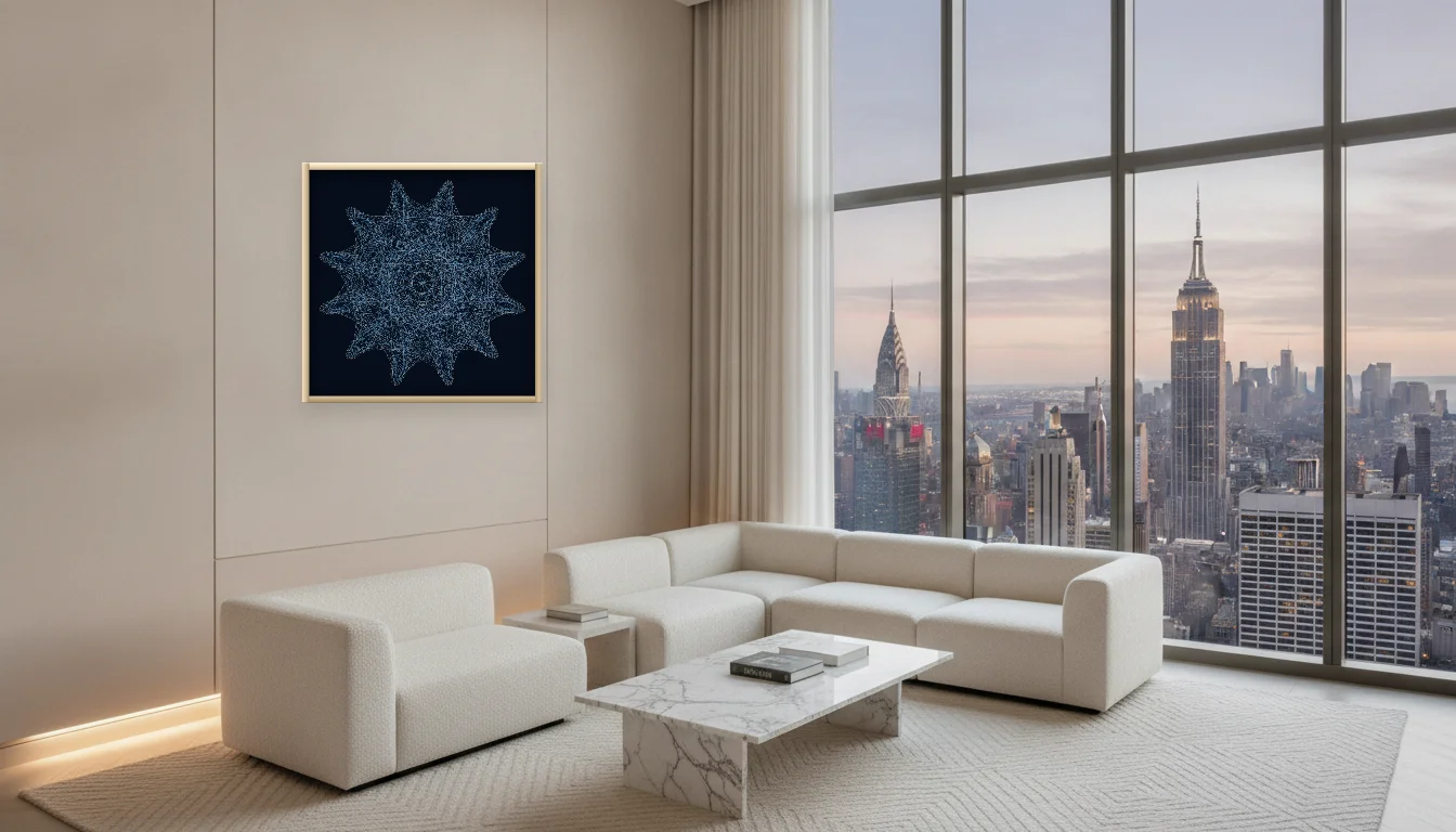 A Lumen & Logic artwork hanging in a Penthouse hotel interior — Penthouse lounge · New York