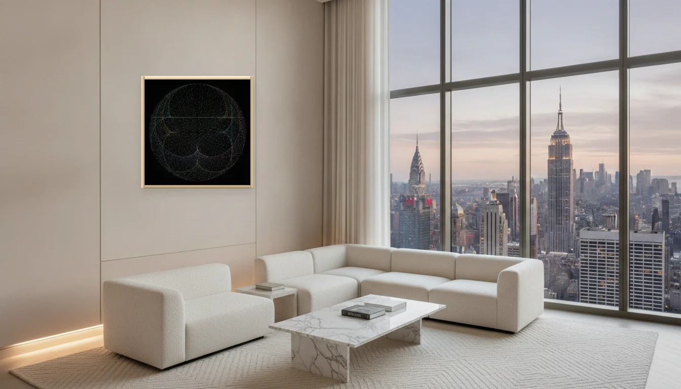 A Lumen & Logic artwork hanging in a Penthouse hotel interior — Penthouse lounge · New York