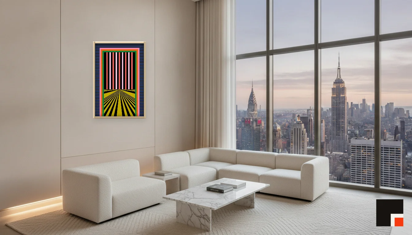 A Lumen & Logic artwork hanging in a Penthouse hotel interior — Penthouse lounge · New York