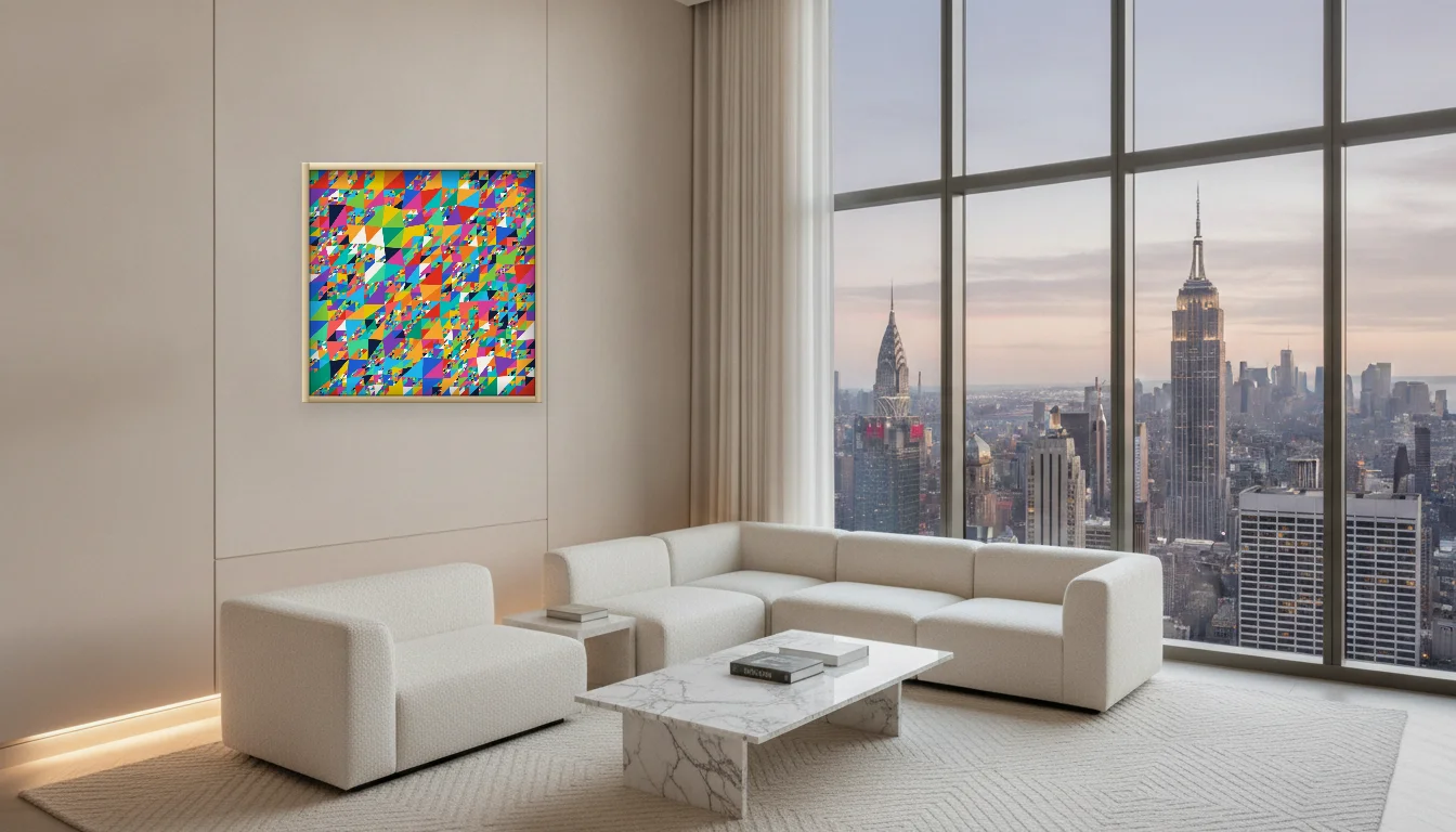 A Lumen & Logic artwork hanging in a Penthouse hotel interior — Penthouse lounge · New York