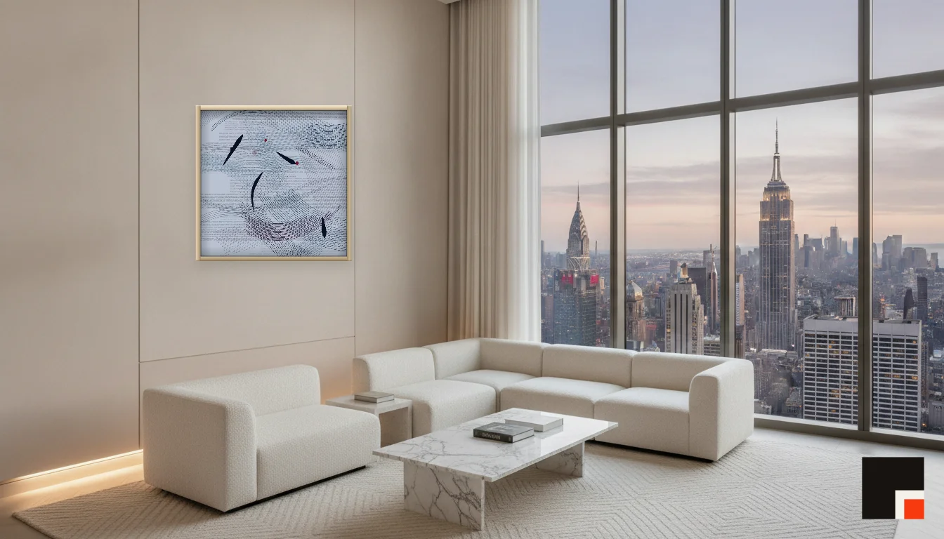 A Lumen & Logic artwork hanging in a Penthouse hotel interior — Penthouse lounge · New York
