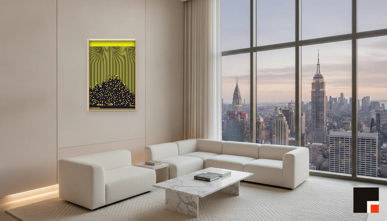 A Lumen & Logic artwork hanging in a Penthouse hotel interior — Penthouse lounge · New York